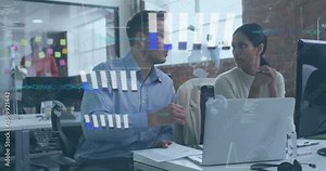 Coworkers flipping report triggers animated graphs and charts overlay laptop during data analysis