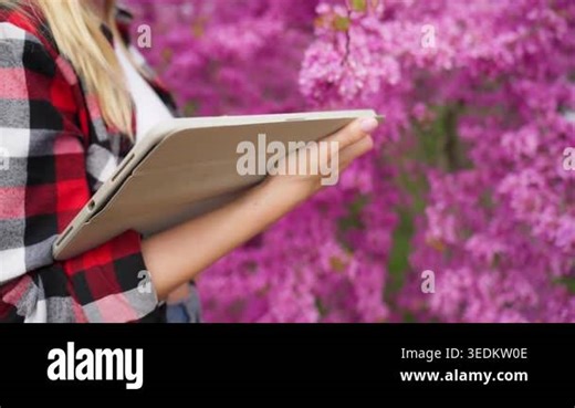 girl with a tablet computer in the park Stock Video Footage - Alamy