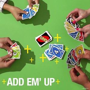 HOUSE RULE: ADD EM UP! Looking to get rid of your cards quick? Add up two cards of the same color to equal the value of the one just played. How do you mix it up? | UNO