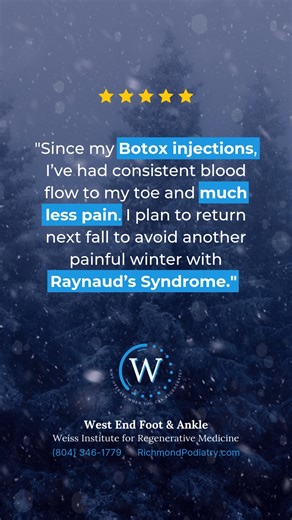 ❄️ Cold weather can restrict blood flow, leading to painful toes and feet. Our treatment option is simple and effective at improving circulation for many patients. Don’t spend another winter uncomfortable. Schedule an appointment to learn more about Botox injections. https://www.richmondpodiatry.com/botox-injections | West End Foot & Ankle