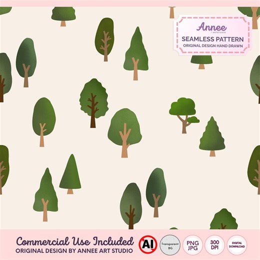 Seamless Forest Pattern for Designers | Cute Tree Digital Paper PNG JPG | Nursery Nature Background Minimal Woodland - Etsy