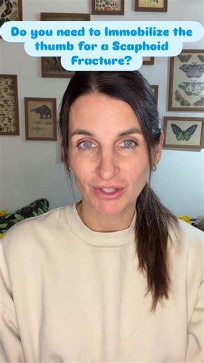 Hand Therapy Academy on Instagram: "FROM THE INBOX 💌 Do we really need to immobilize the thumb for scaphoid fractures? Short answer: Usually no for nondisplaced or minimally displaced fractures. What the evidence shows: • Below-elbow casting without the thumb = equal or better healing • 85% fracture bridging at 10 weeks without thumb immobilization • 70% with traditional thumb-spica • 98% union rate in both groups • No differences in ROM, grip strength, or function ✨ Clinical takeaway: If the s