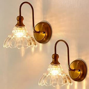 lobolighting Vintage Wall Sconce Set of 2 with Glass Shade Brass Sconces Gold Bathroom Vanity Light Fixtures Modern Wall Lighting Fixture for Bedroom Bedside Door Header