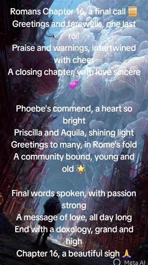 Romans Chapter 16, a final call 📜 Greetings and farewells, one last roll Praise and warnings, intertwined with cheer A closing chapter, with love sincere 💕 Phoebe's commend, a heart so bright Priscilla and Aquila, shining light Greetings to many, in Rome's fold A community bound, young and old 🌟 Final words spoken, with passion strong A message of love, all day long End with a doxology, grand and high Chapter 16, a beautiful sigh 🙏