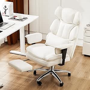 NEWBULIG Ergonomic Executive Home Office Chair Gaming Computer Desk Managerial Chairs PU Leather Big and Tall Back with Footrest/Armrest/Lumbar Support, Adjustable Height, Fully Reclining, White