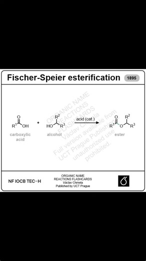 The Fischer–Speier esterification enables the acid-catalyzed formation of esters from carboxylic acids and alcohols under equilibrium conditions. Developed by Emil Fischer and Arthur Speier in the late 19th century, the reaction proceeds via protonation of the carbonyl group, nucleophilic attack by the alcohol, and subsequent elimination of water to form the ester. Learn. Review. Repeat.