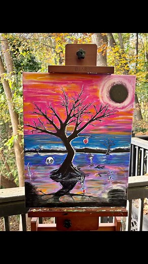 A hauntingly beautiful surreal landscape where dusk collides with apocalypse. A lone tree stretches over a glowing, otherworldly horizon—its roots clutching a fractured earth, while skeletal hands rise from the shimmering water to grasp fallen apples. A blackened sun burns through a pink and orange sky, casting eerie reflections across the rippling surface. Between death and rebirth, light and void, Black Hole Sun captures the quiet pull of inevitability—where even the sky seems to mourn. #Black