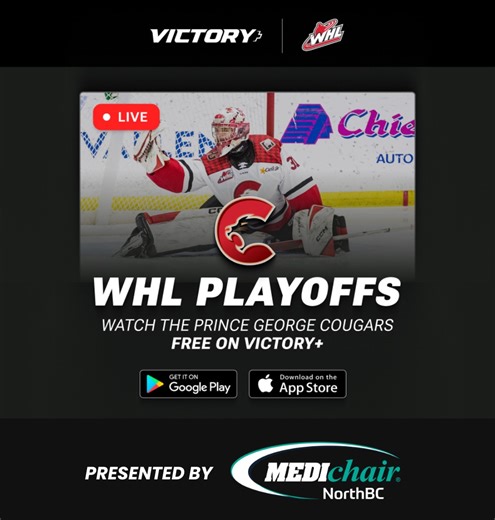 Don't miss a moment of the playoff excitement! You can watch EVERY Cougars playoff game LIVE & FREE on Victory Plus! 📲🔥Just download the app on your smartphone or mobile device and start streaming! 🔗 Download now: https://victoryplus.com You can also find Webstream help at https://chl.ca/whl-cougars/victory-gamenight-webstream-help/ Presented by MEDIchair NorthBC - The Official Accessibility Partner of the Prince George Cougars! | Prince George Cougars Hockey Club