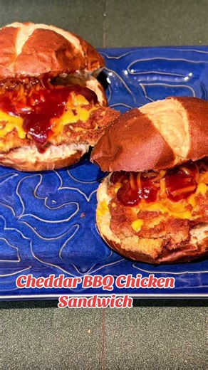 Cheddar BBQ Chicken Sandwich Ingredients: Flour Eggs and a splash of milk Bread crumbs, grated cheese, and garlic powder Thinly sliced chicken breast Pretzel buns Shredded cheddar cheese BBQ sauce Directions: 1. First have ab reading station ready 2. In first bow, have flour 3. In next bowl have eggs and milk 4. Then in the last bowl have bread crumbs, grated cheese, and garlic powder 5. Next take a piece of chicken dip in flour, then egg, and lastly in the bread crumbs 6. Repeat with the rest o