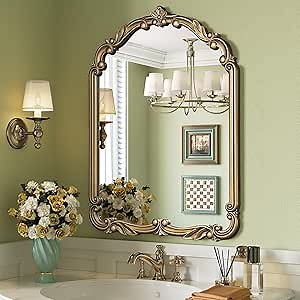 Arched Ornate Gold Mirror, 30” x 40” Antique Gold Bathroom Mirror, Scroll Carved Wooden Vintage Wall Mirrors for Entryway, Mantel, Vanity, Fireplace