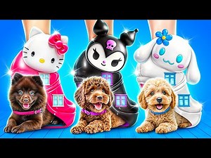 One Colored Dog House Challenge! Hello Kitty vs Kuromi vs Cinnamoroll!