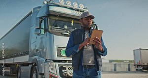 African American professional truck driver setting up navigation for destination. Checking his route on tablet computer and standing by long vehicle. Transportation service.