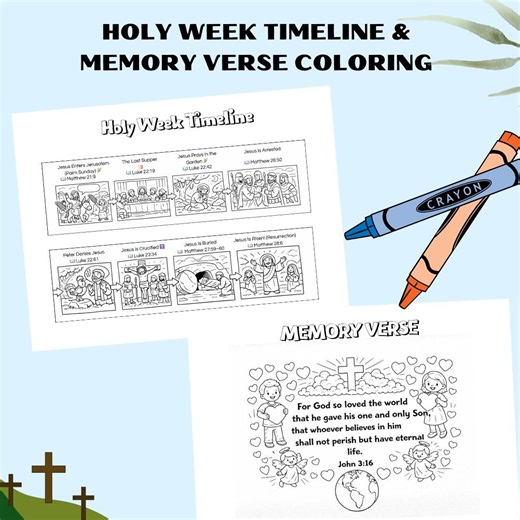 Printables Coloring Pages of the Holy Week Easter Timeline. Plus, a Sheet of Bible Verse to Memorize Activity for Sunday School Children. - Etsy