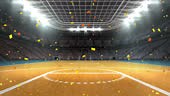 Animation of confetti falling over basketball court sports stadium....