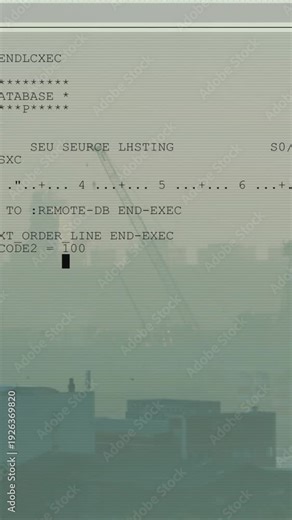Vertical video: Scanline starting code overlay, text scrolling over hazy port roof, showing orders