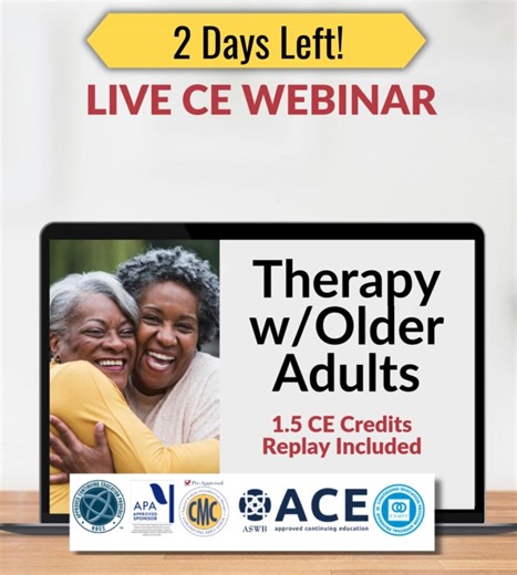 Older adults are seeking therapy more than ever before. And yet… most therapists were never trained to work with them. That means older adults—navigating loss, trauma, chronic illness, loneliness, and major life transitions—are showing up in therapy... And too many therapists feel unsure how to help. But not you. Not anymore. We created a 90-minute CE course to change that. 🎓 Becoming an Aging-Informed Therapist (1.5 CE Credits) ✔️ Learn 4 must-have clinical skills to confidently support older 