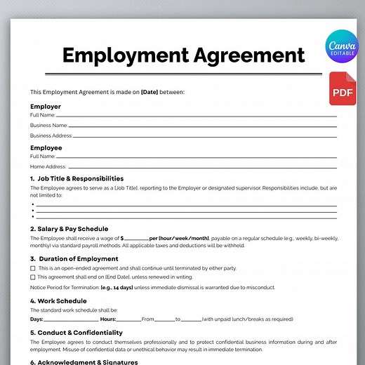 One Page Employment Contract, Employment Agreement, Employee Contract, Employment Letter, HR Employer Form, Job Agreement, Canva Template - Etsy