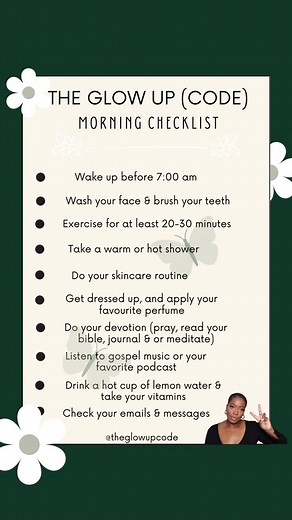 “Let today be the day you give up who you’ve been for who you can become.” I’m sharing my “Glow Up” morning checklist with whoever may find it helpful. Having a routine is very important for our physical and mental wellbeing. It sets us up for a positive and productive day m, amongts other things. #christiantiktok #habitsofsuccess #motivation #wellnesstips #creatinggoodhabits #morningroutine #theglowupcode