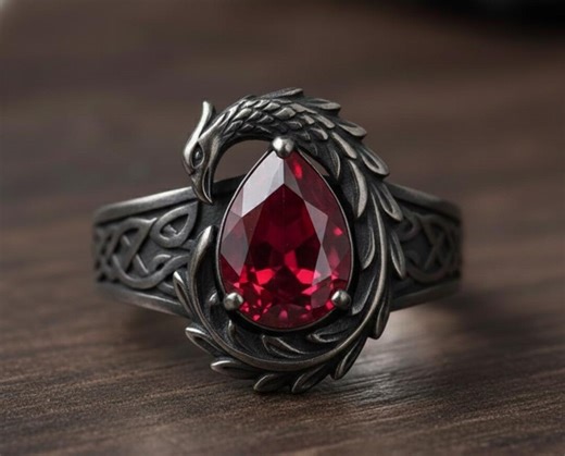 Phoenix Garnet Ring, Gothic Pear Cut Red Stone, Oxidized Brass Celtic Knot Band - Etsy