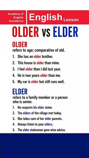 OLDER VS ELDER | Beginners to Advanced Level | Academy of English Excellence #english