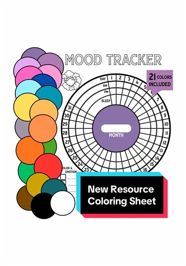 Monthly Mood & Sleep Coloring Tracker. Bring more awareness and intention to your mental health journey with our Mood & Sleep Tracker Wheel! This thoughtfully designed, printable tool empowers you (or your clients) to track daily mood and sleep patterns in a creative, colorful, and affirming way. Features: * 31-day wheel to track each day of the month * AM & PM mood sections for nuanced reflection * Dedicated sleep section for better wellness insights * Customizable “Colors & Emotions” key for s