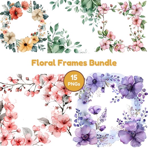 Spring Floral Frames Clipart Bundle, 15 Transparent Background Pngs, 300 DPI High Resolution Watercolor Floral Spring Season Decor Images - Etsy