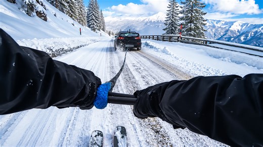 Can a 900HP GTR pull skiers through snowy mountain roads?