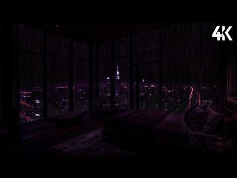 Rainy Night NYC City View Through the Window ☔ Cozy Bedroom Ambience for Deep Sleep | Rain ASMR
