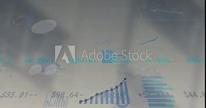 Financial data and statistics animation over blurred background with charts and percentages