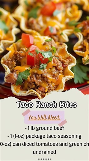 🌮 Taco Ranch Bites (Quick Recipe) Ingredients 1 lb ground beef 1 (1-oz) packet taco seasoning 1 (10-oz) can diced tomatoes & green chilies (undrained) ½ cup ranch dressing 1½ cups shredded cheddar or Mexican blend cheese 30–36 phyllo tart shells Optional: diced tomatoes, green onions, cilantro Instructions Preheat oven to 375°F (190°C). Brown ground beef; drain excess fat. Stir in taco seasoning and tomatoes with chilies; cook 3–4 minutes. Remove from heat; mix in ranch dressing and cheese. Spo
