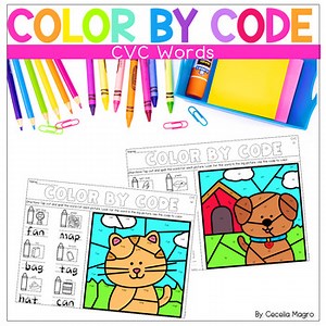 CVC Words Color by Code Phonics Worksheets Short Vowel Practice for Centers