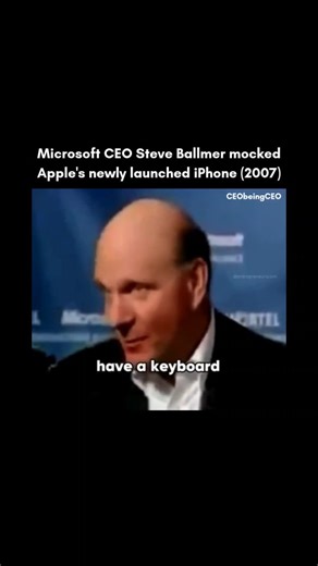 In 2007, then-Microsoft CEO Steve Ballmer famously and publicly laughed at the launch of Apple's first iPhone. ⁠ ⁠ In an interview with USA Today just days after the January 9, 2007 keynote, Ballmer dismissed the iPhone's chances of success, citing its high price and lack of a physical keyboard. ⁠ ⁠ History, of course, proved Ballmer's assessment to be entirely wrong. ⁠ ⁠ The iPhone, and the app-based touchscreen smartphone design it pioneered, went on to revolutionize the mobile phone industry.