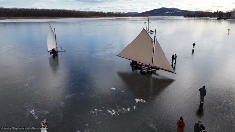 Ice Sailing on the Hudson River: Spectacular Drone Footage