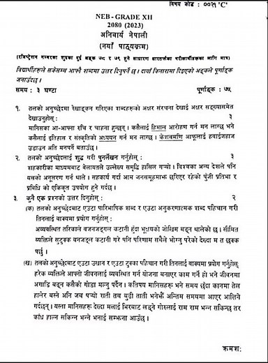 NEB Nepali Class 12 Exam Question Paper || NEB Nepali Model Question Paper 2080