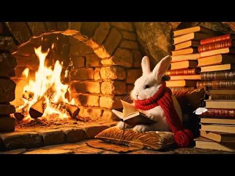 Reading Corner with Rabbit | Magical Forest Fireplace at Night for Reading • Soft Music & ASMR Sound