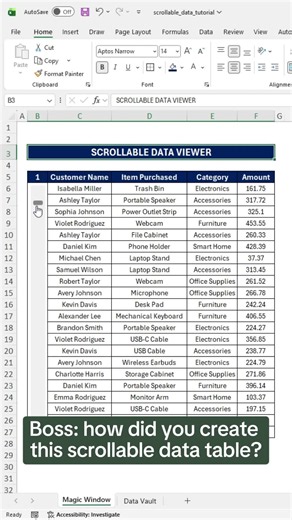 How to add a scrollbar to any data table in Excel. 🤯 DM me 'MASTER' and I'll send you my FREE Excel Function Guide! #excel #exceltips #scrollabledatatable #excelformula #tutorial