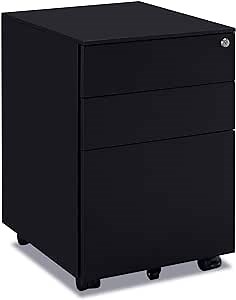 3-Drawer Mobile File Cabinet with Lock, Under Desk Metal Filing Cabinet, Office Storage Filing Cabinet for Legal/Letter Size, Pre-Assembled Metal File Cabinet Except Wheels Under Desk (Black)