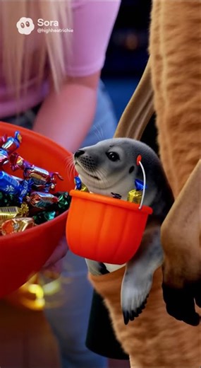 Trick or treat Kangaroo with cute baby seal in his pouch Sora 2 Ai