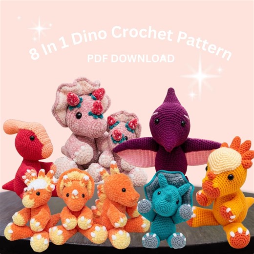 Dinosaur Crochet Pattern Bundle, 8 IN 1 Amigurumi Dino Pattern, No Sew Crochet Dinosaur, Triceratops Pterosaur Ankylosaurus - Etsy