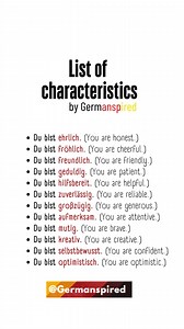 110K views · 2K reactions | Here’s a list of character traits in German with their English translations in 'du' form. #deutsch #deutschlernen #learngerman #deutschkurs #learngermanonline #deutsckurs | Germanspired | Facebook
