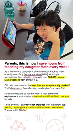 𝐖𝐞 𝐤𝐧𝐨𝐰 𝐩𝐚𝐫𝐞𝐧𝐭𝐢𝐧𝐠 𝐢𝐬 𝐭𝐨𝐮𝐠𝐡, 𝐬𝐨 𝐥𝐞𝐭 𝐮𝐬 𝐭𝐚𝐤𝐞 𝐦𝐚𝐭𝐡 𝐨𝐮𝐭 𝐨𝐟 𝐭𝐡𝐞 𝐞𝐪𝐮𝐚𝐭𝐢𝐨𝐧! ✅ Easy-to-understand animated videos ✅ Daily math practice for your child ✅ Over 100,000 math questions for Primary 1 - 6 KooBits, an online-learning platform for children 6-12, is designed with beautiful interactive animations to help kids visualize Math problems and understand them easily 🤖 By using KooBits for only 20 minutes a day, 1 in 2 students get a 30% improvement i