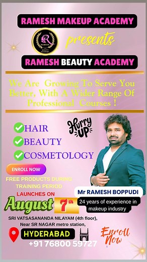 @ramesh_beautyacademy on Instagram: "👉Ramesh Beauty Academy Grand Launch by “Suma Garu” at Hyderabad on August 7th. Ramesh Makeup Academy presents “Ramesh Beauty Academy 👉New Batch Starts from August 7th. Join Now & Get Special Offer🎁🎁 from Ramesh Beauty Academy. *BASIC to ADVANCE DIPLOMA IN BEAUTY COURSE* Hello all📣📣📣📢📢 **RAMESH BOPPUDI** presents📢📢📢📢 *Ramesh makeup academy* is now officially launching… **Ramesh beauty academy** also We are growing to serve you better with a wider 