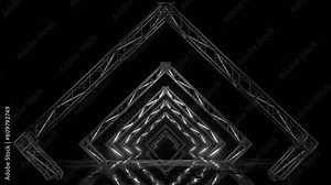 Triangle truss shapes with neon tubes, fluorescent lights on a grungy floor, chase light mode, seamless VJ Loop Stock Video