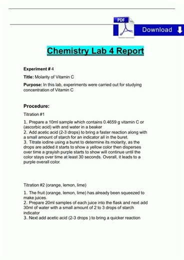 CHEM 104 LAB 4 Report Molarity of Vitamin C Complete 2024 2025 100 Verified1437
