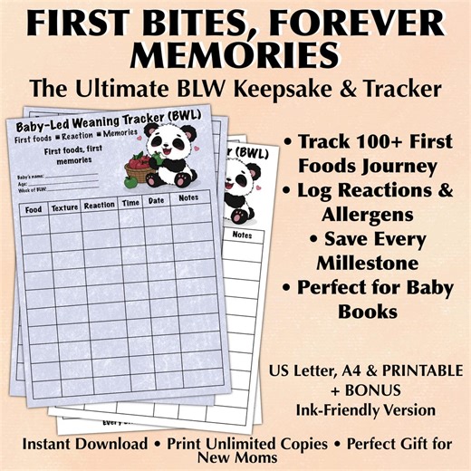 Panda Baby Food Tracker Printable | BLW First Foods Log 6–12 Months | A4 & US Letter PDF Bundle | Baby Feeding Journal | Cute Panda Design - Etsy