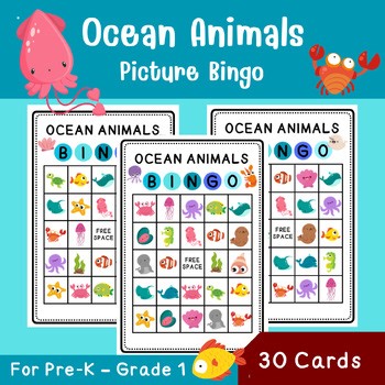 Ocean Animals Picture Bingo | 30 Bingo Cards | Printable Game | Pre-K–1
