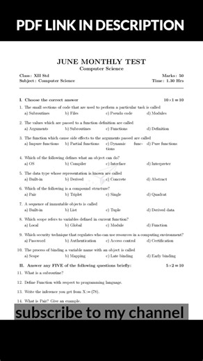 12th Computer Science June Monthly Question Paper 2026 | Class 12 CS June Monthly Exam PDF