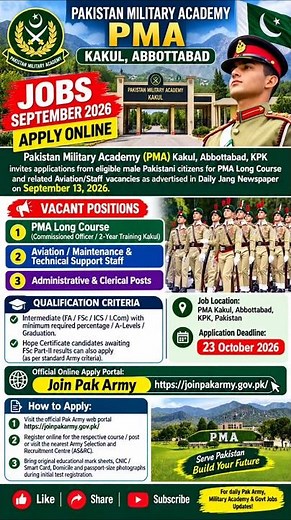 PMA Long Course & Military Posts Abbottabad September 2026 | Daily Jang Ad