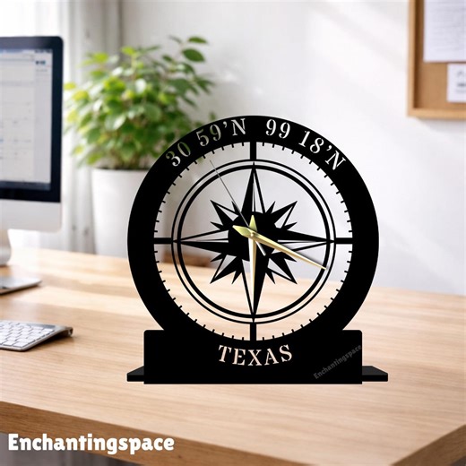 Personalized Compass Metal Table Clock, Custom Coordinates Desk Decor for Living Room, Gift for Friends - Etsy