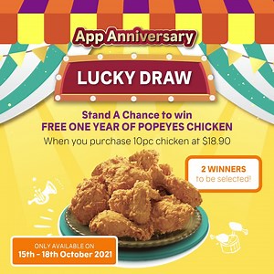 26 reactions · 4 comments | Celebrate Popeyes App Anniversary with us and stand a chance to win FREE ONE YEAR OF POPEYES CHICKEN  when you purchase 10pc Chicken at $18.90 for our App Anniversary promotion via Popeyes SG App! Check out our page to find out the app promo code for the 10pc for $18.90 and order’em now! Lucky draw is only applicable from 15th-18th October, hurry up and order now! . . #PopeyesSG #LoveThatChicken #PopeyesSGApp | Popeyes Singapore | Facebook
